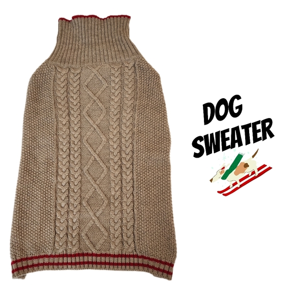 Dog Sweater Large Tan with red trimming